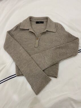 Mango Ribbed Polo Collar Sweater in Beige